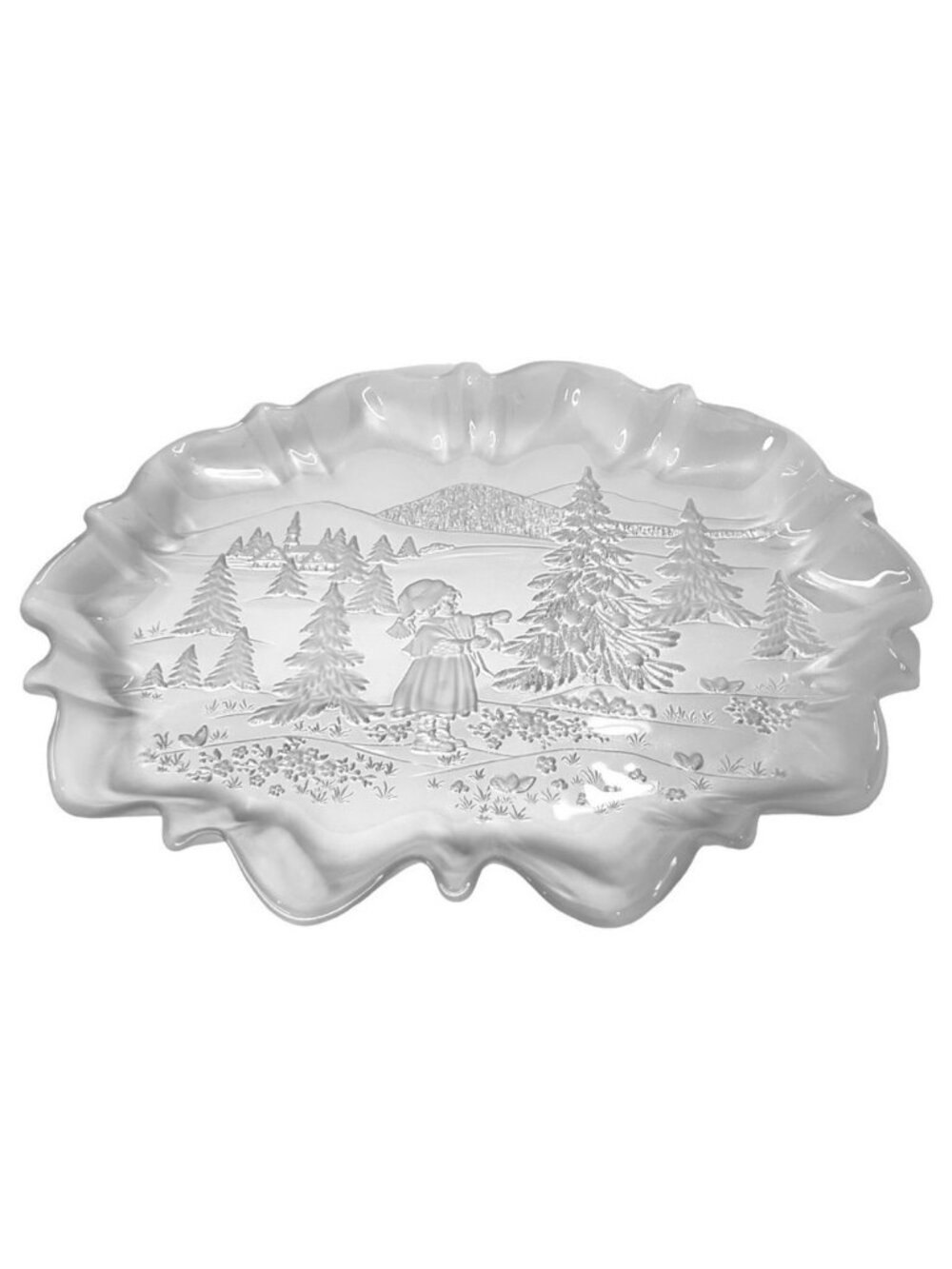 MIKASA Christmas platter Winter scene Oval Smoked Clear Glass Scalloped edges